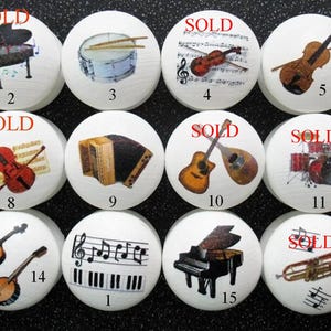 Beech Wooden Drawer Knobs. Wooden furniture knobs. White Wood Knobs. Wardrobe wooden knobs. Musical instruments on knobs. Music lover