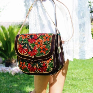 Printed floral bag for women, Vintage tooled Leather crossbody women's bag, unique saddle bag, embellished saddle bag , gifts for her image 2