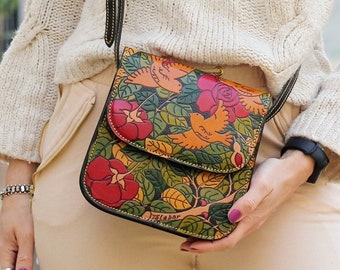 Leaves patterned tooled leather purse, Unique patterned mini crossbody purse, hand painted tooled leather purse, leaves and roses mini bag