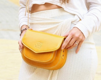 Mini Yellow Leather crossbody purse for women, small Crossbody Leather handbag, Handmade leather handbag, durable yellow leather purse