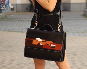Crossbody Black Leather laptop bag for women, Leather briefcase for women, 15 inches laptop bag, laptop bag