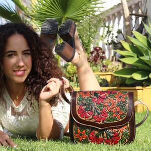 Printed floral bag for women, Vintage tooled Leather crossbody women's bag, unique saddle bag, embellished saddle bag , gifts for her image 6