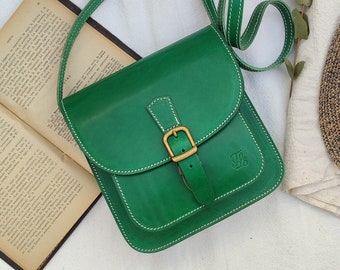 Kleine grüne Leder-Umhängetasche für Damen oder Herren, hellgrüne Umhängetasche aus Leder, sichere Tasche mit Schloss