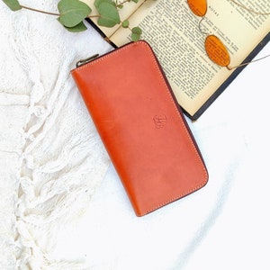 Long Leather Zip Around Wallet for women - Handcrafted ladies leather wallet women with zipper, wallet with coin holder