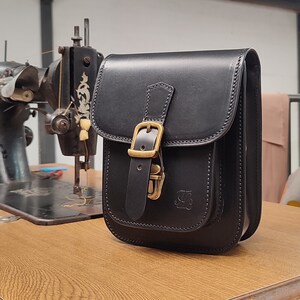 Small leather saddle bag crossbody with front buckle, Black mini crossbody leather bag for men or women, cowhide purse crossbody