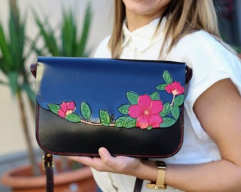 Black leather crossbody purse with flowers for women, handmade Crossbody floral leather purse, gift for her, handmade art, leather goods