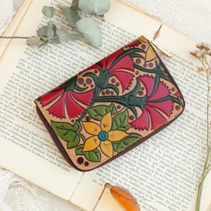 Floral zipper leather women's wallet, Zip Around leather wallet for women, Leather goods for women, handmade wallet, birthday gift for her image 8