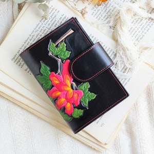 Hand painted leather black wallet for women, billfold black Leather wallet with flowers, handmade leather wallet vintage style, gift for her