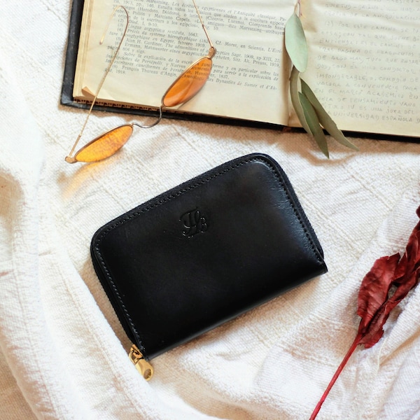 Compact Black Leather Zip Around Wallet - Minimalist dark Notecase for Women