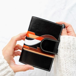 Bifold leather wallet, handmade leather wallet, hand painted leather wallet, black wallet, wallet for women, retro wallet, vintage wallet