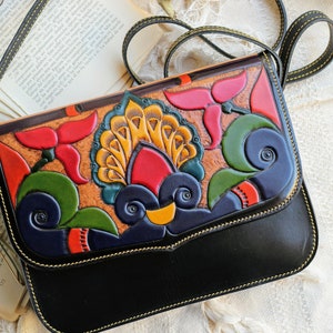 Embossed authentic Leather crossbody purse for women, women's tooled leather handbag, Crossbody leather bag, leather carving bag image 3