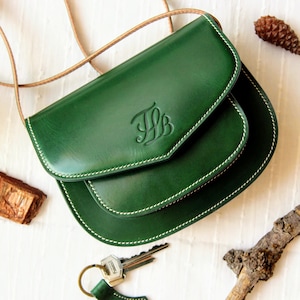 Green Leather crossbody purse, Crossbody Leather handbag, Handmade leather handbag, cute leather purse, small leather handbag image 1