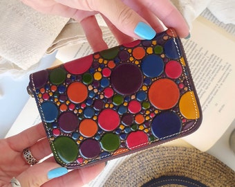 Cute Leather wallet for Ladies, Unique tooled leather wallet with coin purse, hand tooled zip around leather wallet, hand painted wallet