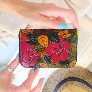 Rits rond portemonnee dames, dames lederen tas portemonnee, lederen clutch portemonnee, lederen tas met bloemen, cadeaus voor haar, contante envelop portemonnee
