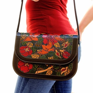Hand Tooled leather bag for women, Embossed leather crossbody purse, one of a kind hand painted leather carving roses bag