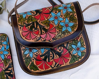 Hand painted leather handbag, tooled leather bag, genuine full grain embossed leather bags for women handmade in Spain