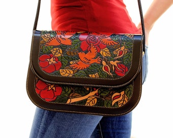 Hand Tooled leather bag for women, Embossed leather crossbody purse, one of a kind hand painted leather carving roses bag