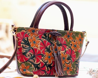 Sac à main en cuir à fermeture éclair en relief floral pour femmes, sac à main en cuir authentique pour femmes, sac à main en cuir de fleurs en relief fabriqué à la main pour les femmes