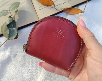 Circular Coin Pouch Leather with zipper, Small minimalist wallet womens, leather zipper wallets, personalized gift for her