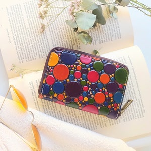 Women leather wallet, zip around wallet women, accordion wallet, painted leather wallet, womans leather wallet, wallets for women