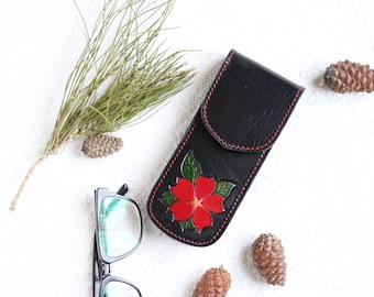 Readers glasses case, leather glasses case with flowers, sunglasses case for women, leather goods for her, black glasses case, gift for her