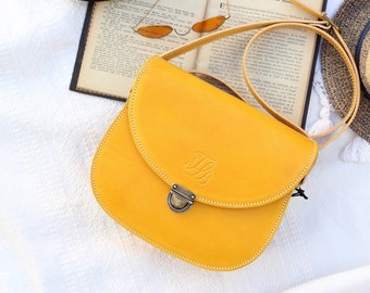 Hand made Summer Crossbody Leather Bags for women, Handcrafted Yellow Leather Purse, Yellow leather saddle bag gift for her