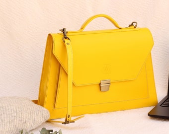 Yellow leather laptop bag for women, Leather satchel for women, Leather briefcase for woman, yellow Leather handbag, 13 inch macbook bag