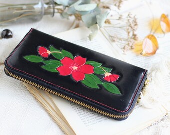 Large leather wallet, Zip around Leather wallet, leather purse with flowers, womens wallet, cute wallet, wallet leather women, gift for her