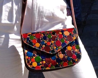Craftsmanship crossbody leather purse, fully tooled leather purse, Envelope shape leather purse, Colorful leather bag, painted leather purse