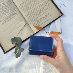Mini carteira de couro azul, porta-moedas, porta-moedas, bolsa de couro pequena, bolsa para moedas para mulheres
