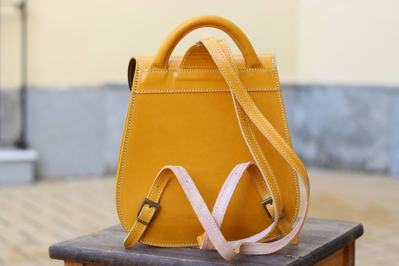 Yellow leather backpack purse for women, Hand made rucksack backpack, yellow Leather backpack for woman image 4