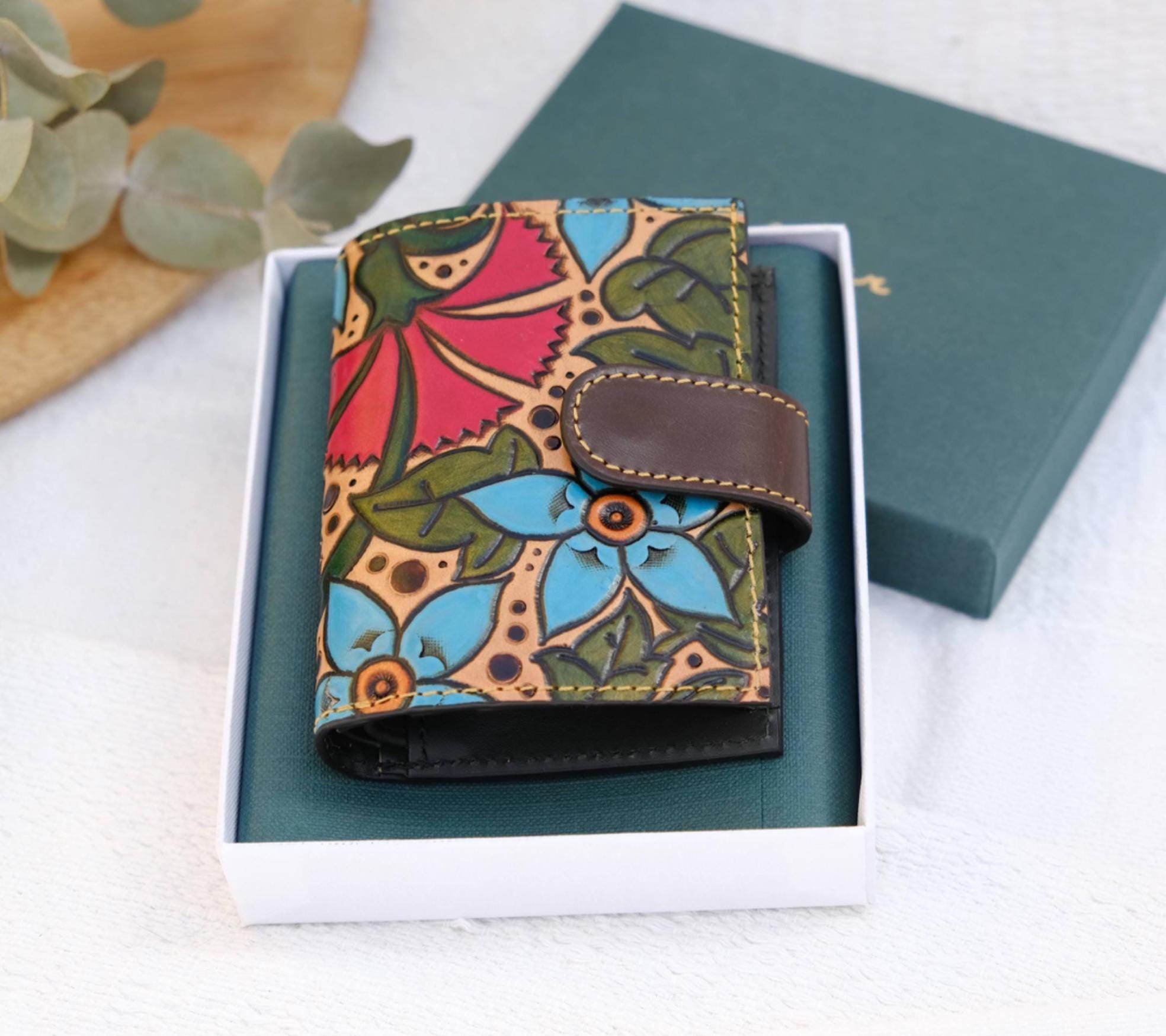 Tooled Leather Wallet, Hand Painted Floral Wallet for Women