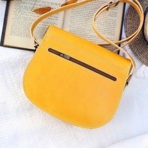 Hand made Summer Crossbody Leather Bags for women, Handcrafted Yellow Leather Purse, Yellow leather saddle bag gift for her image 5