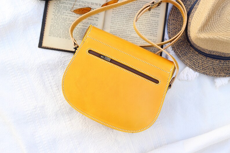 Hand made Summer Crossbody Leather Bags for women, Handcrafted Yellow Leather Purse, Yellow leather saddle bag gift for her image 5