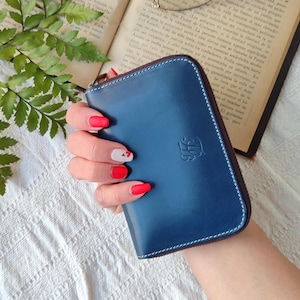 Zip Around Blue Leather Wallet for Women, wallet for women with zipper, medium Leather Purse Wallet, Leather Clutch Wallet, Gifts for Her