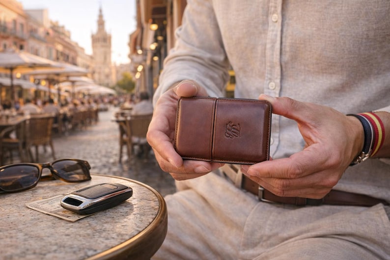 May include: A brown leather wallet with a decorative emblem is held in front of a blurred outdoor cafe scene. The wallet is rectangular and appears to be made of high-quality leather. Sunglasses and a car key fob rest on a nearby table.