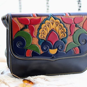 Embossed authentic Leather crossbody purse for women, women's tooled leather handbag, Crossbody leather bag, leather carving bag image 7
