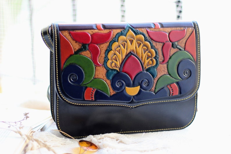 Embossed authentic Leather crossbody purse for women, women's tooled leather handbag, Crossbody leather bag, leather carving bag image 7