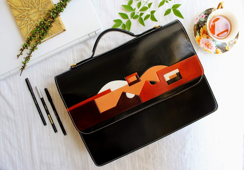 Crossbody Black Leather laptop bag for women, Leather briefcase for women, 15 inches laptop bag, laptop bag image 2