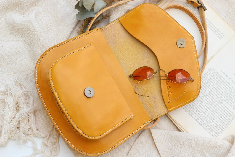 Mini Yellow Leather crossbody purse for women, small Crossbody Leather handbag, Handmade leather handbag, durable yellow leather purse image 5