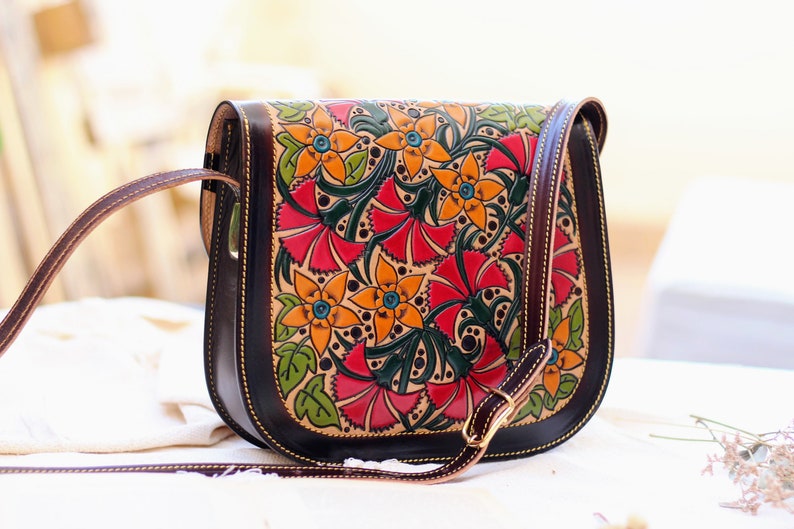 Printed floral bag for women, Vintage tooled Leather crossbody women's bag, unique saddle bag, embellished saddle bag , gifts for her image 7