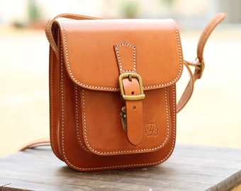 Stylish Mini Crossbody Bag in Genuine Leather with Buckle Detail