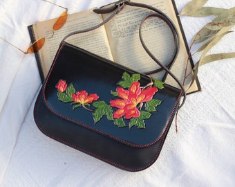 Crossbody Black Leather bag with flowers for women, Delicate black leather handbag for women, Hand painted leather crossbody purse