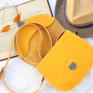 Hand made Summer Crossbody Leather Bags for women, Handcrafted Yellow Leather Purse, Yellow leather saddle bag gift for her image 8