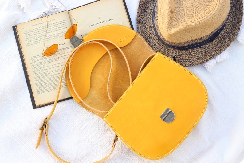 Hand made Summer Crossbody Leather Bags for women, Handcrafted Yellow Leather Purse, Yellow leather saddle bag gift for her image 8