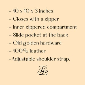 May include: A brown leather bag with an adjustable shoulder strap. The bag measures 10 inches by 10 inches by 3 inches. It has an inner zippered compartment, a slide pocket at the back, and old golden hardware.
