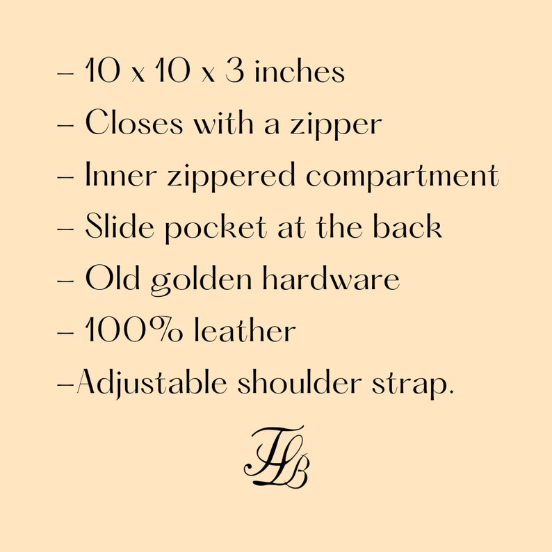 May include: A brown leather bag with an adjustable shoulder strap. The bag measures 10 inches by 10 inches by 3 inches. It has an inner zippered compartment, a slide pocket at the back, and old golden hardware.