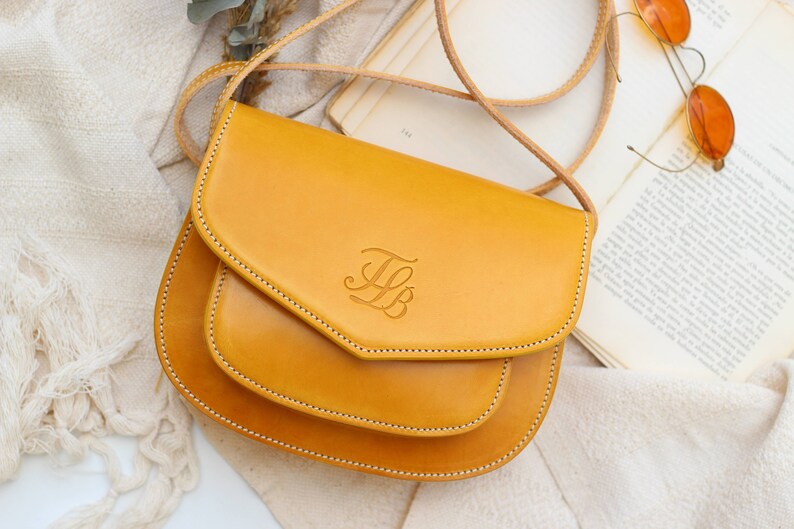 Mini Yellow Leather crossbody purse for women, small Crossbody Leather handbag, Handmade leather handbag, durable yellow leather purse image 2