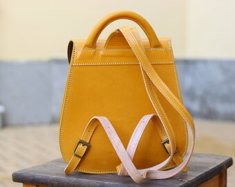 Yellow Mustard Leather Backpack Purse for Women, Handmade  display picture 2