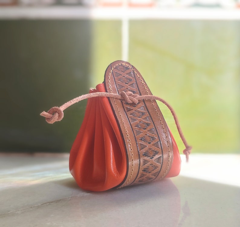 Leather Drawstring Pouch, Coin Pouch, Money Pouch, Coin Purse, Gift Bag, Drawstring Purse, Crystal Pouch, Leather Pouch, cash leather pouch Orange